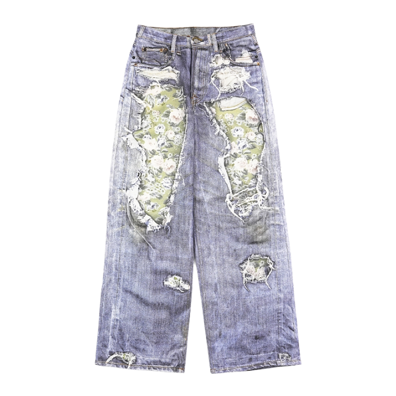 Ripped Rose Print Trousers