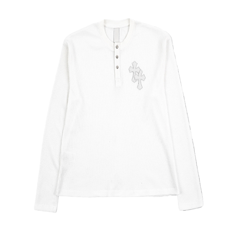Henley Collar Patchwork Leather Sweatshirt With Silver Buttons