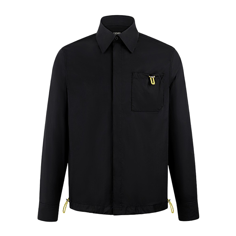 Contrast-Collar Drawstring Patch-Pocket Poplin Shirt