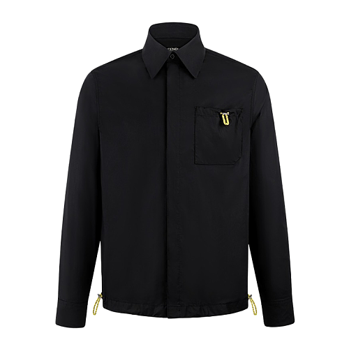 Contrast-Collar Drawstring Patch-Pocket Poplin Shirt