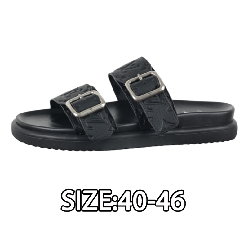 Louis Vuitton Men's Brown Embossing Leather Round Toe Slip-on Sandals With Buckle