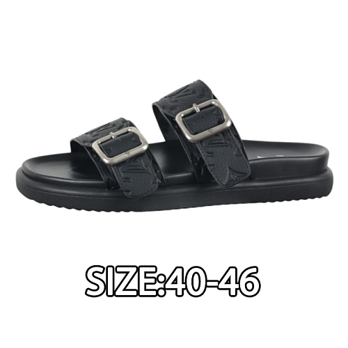 Louis Vuitton Men's Brown Embossing Leather Round Toe Slip-on Sandals With Buckle