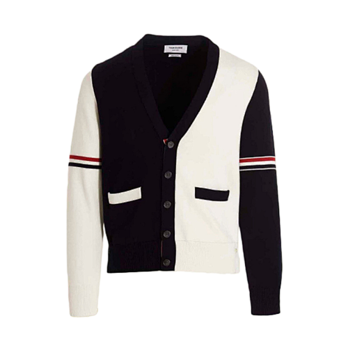 Colorblock Arm Ribbon Cardigan Jacket - Navy Blue And White