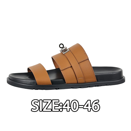 Hermès Calfskin Flat Slide Sandals In Black And Brown