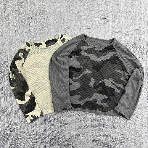 Etheria Slim-Fit Cropped Raglan Waffle-Knit Reversible Camouflage Long-Sleeve