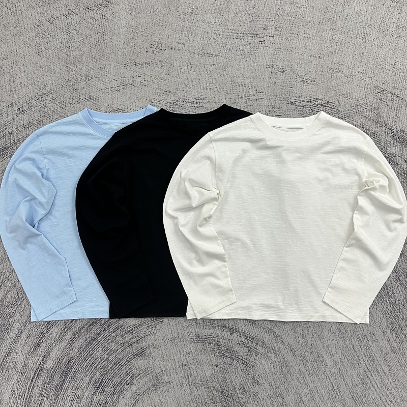 Etheria 100 Cotton Slub-Texture Basic Long-Sleeve Top