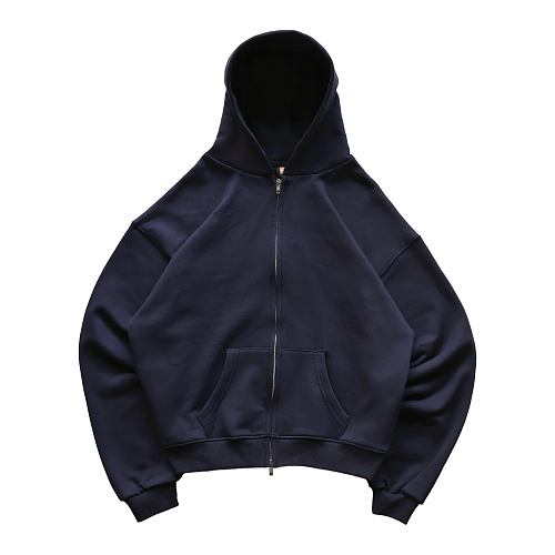 Solva Solid Night Pure Cotton Boxy Zip Hoodie - Navy