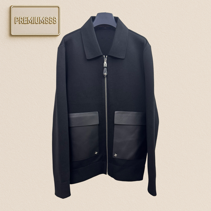 1v Louis Black Knitted Pockets Leather Collar Jacket Coat