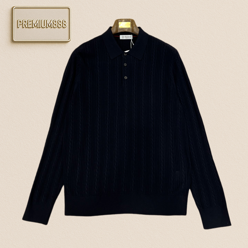 BC Brunello Casual Twisted Long-Sleeved Knitted Polo Shirt