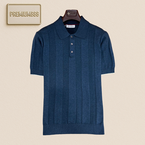 Brunello Cucinelli Classic Vertical Holescrewed Knit Short Sleeve Polo Shirt