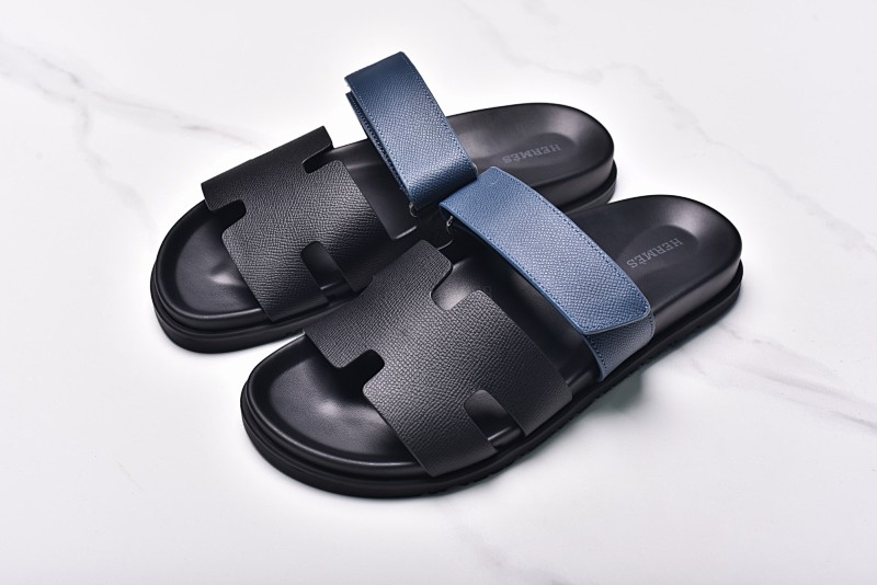 Hermès Hermes Chypre Flat Slippers Classic Black And Blue Check Finish