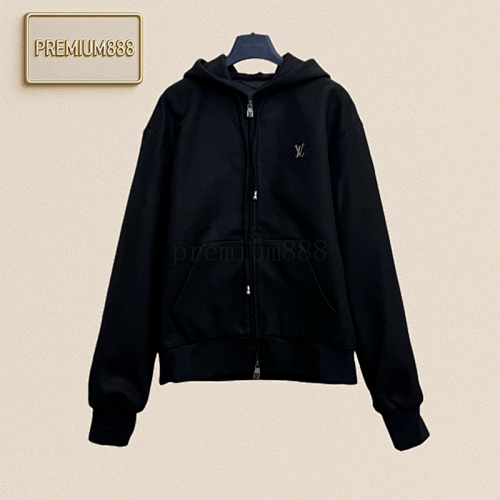 1v Louis Metal Logo Pearl Bell Wool Drawstring Hooded Zipper Jacket