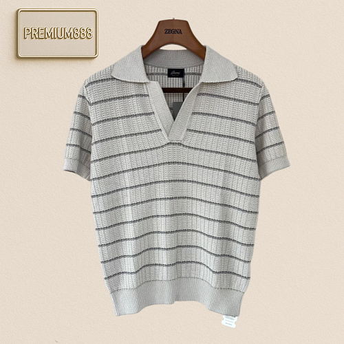 Brioni Striped Open-Weave Knitted Short-Sleeved Polo Shirt