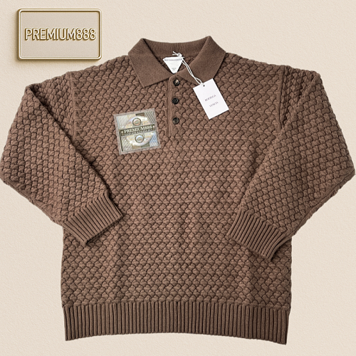 BV Diamond Twisted Plaid V-Neck Polo Knit Sweater Grey-Beige