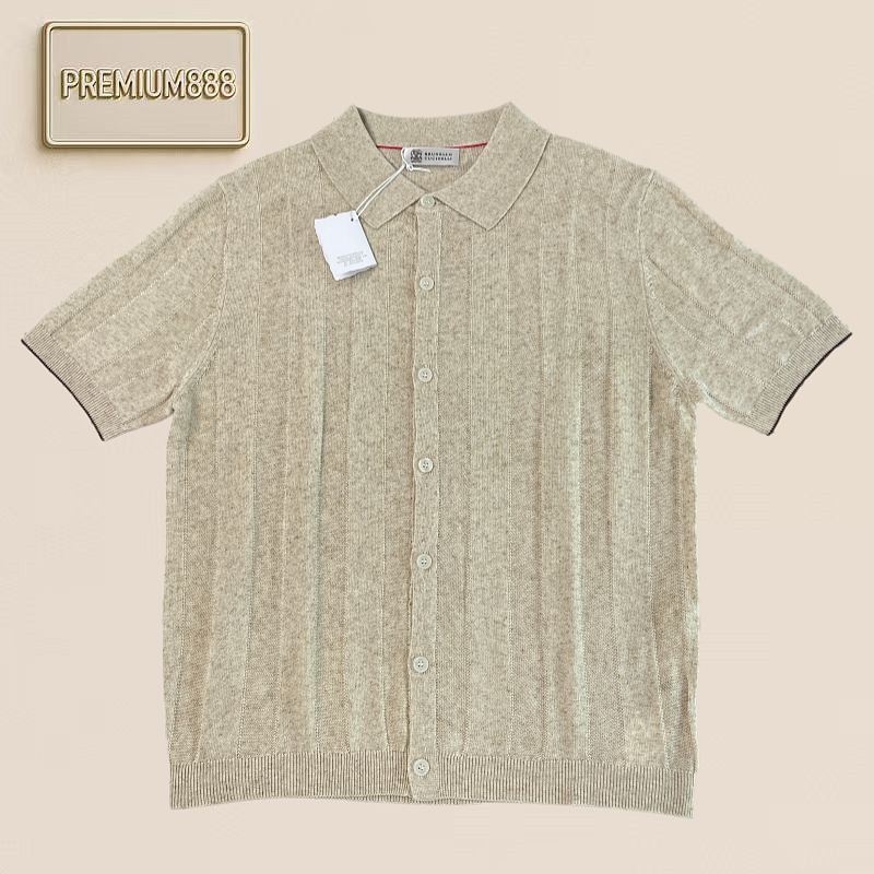 BC Double-color Linen Blend Button-down Knit Short-sleeved Shirt