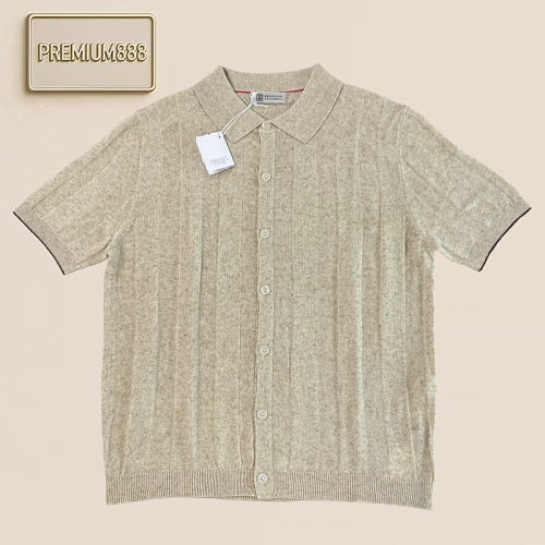 BC Double-color Linen Blend Button-down Knit Short-sleeved Shirt