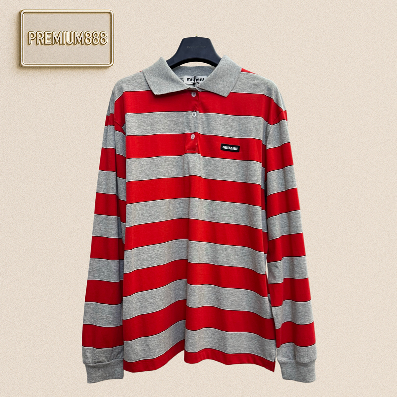 MiuMiu Logo Patch With Red Stripes V-Neck Long-Sleeved Shirt