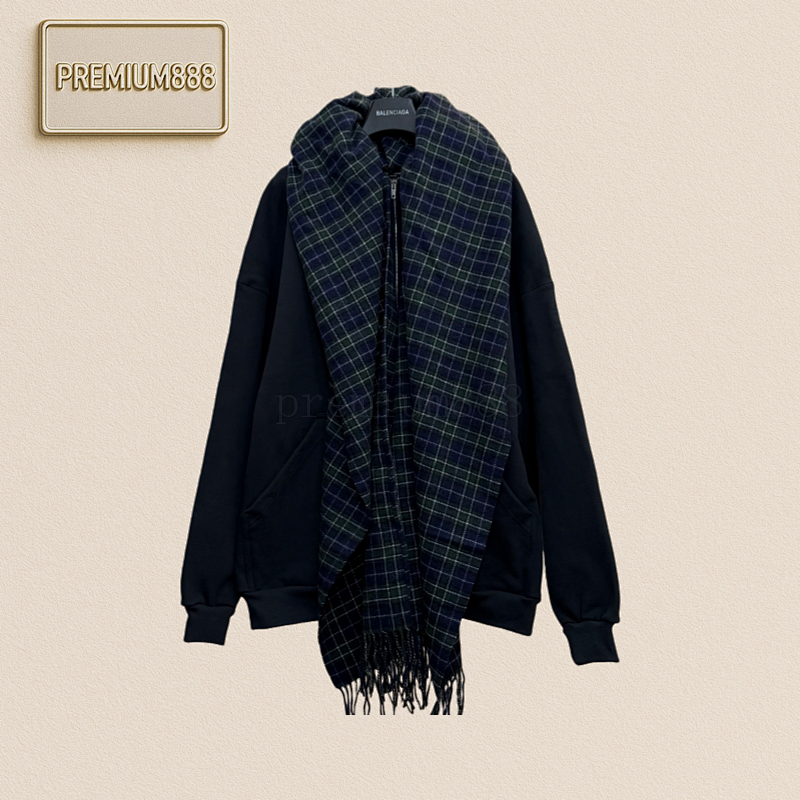 Balenciaga Checkered Scarf Patchwork Double-loop Hooded Jacket