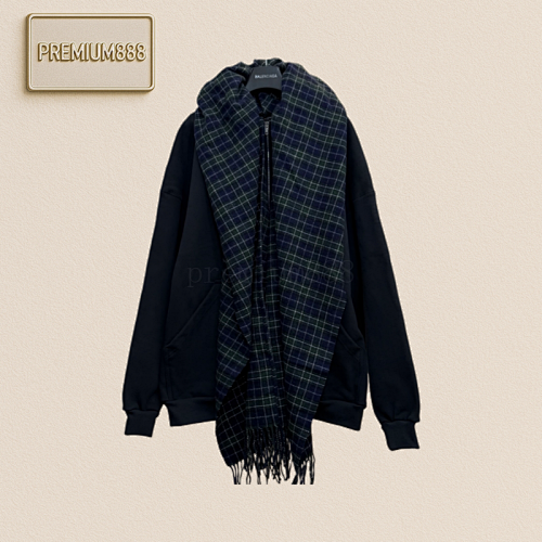 Balenciaga Checkered Scarf Patchwork Double-loop Hooded Jacket