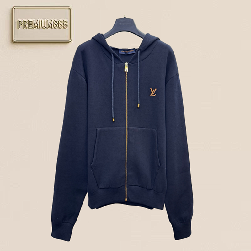 Louis Logo Leather Patch Embroidered Knit Pullover With Zipper Closure