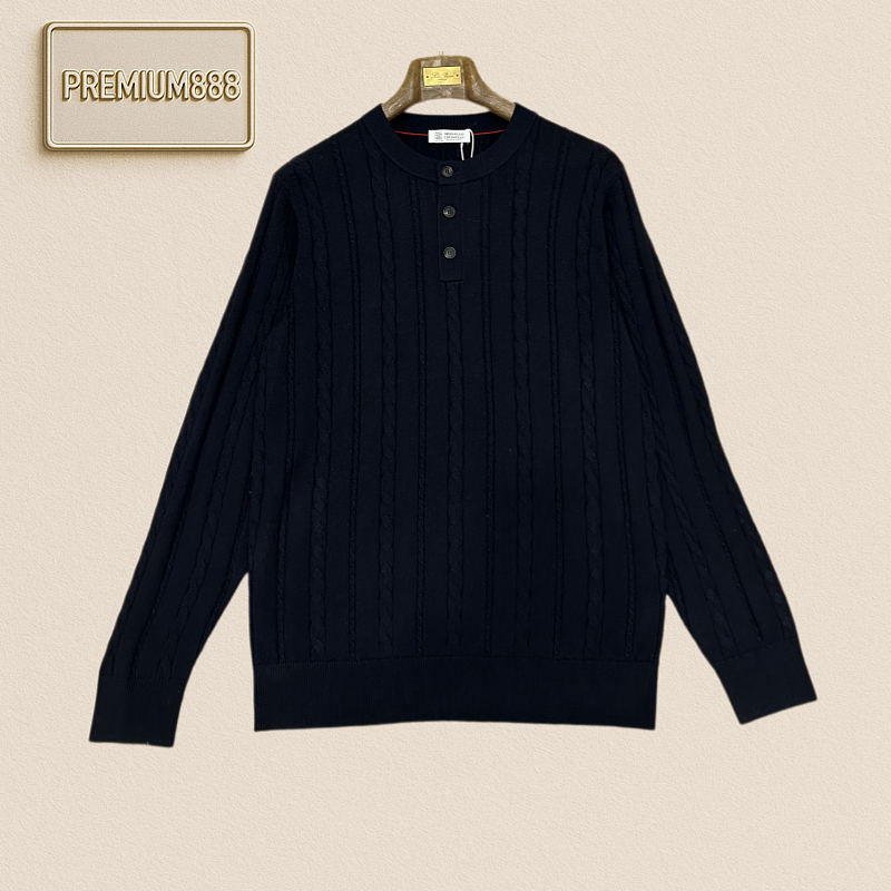 BC Brunello Henry Collar Plain Patterned Casual Long-sleeved Knitted Shirt