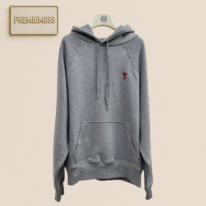 Ami Paris Red Adc Embroidered Cotton Hooded Sweatshirt