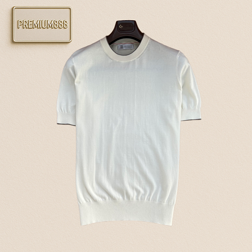 BC Brunello Simple Contrasting Color Edge Round-neck Knit Short-Sleeve T-shirt