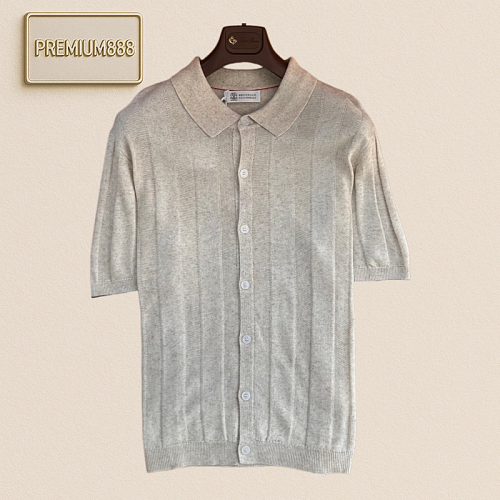 Brunello Cucinelli - Brunello Vertical Stripes Knit Short Sleeve Shirt