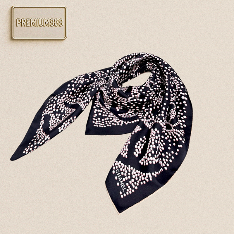 A Rare Chanel Vintage Silk Scarf With A Pattern Cleverly Composed Of White Dots. The Patte