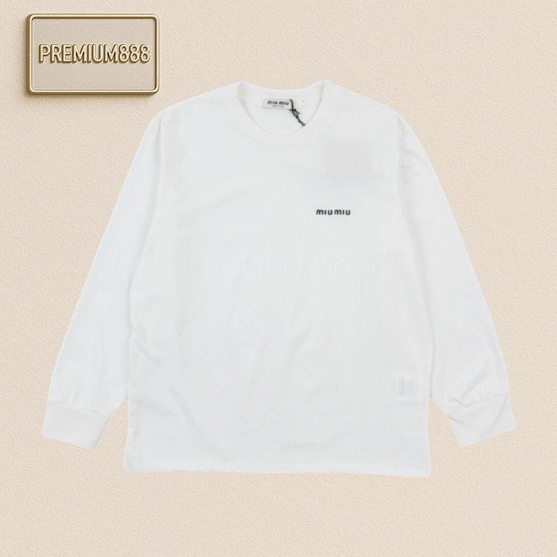 Miumiu Solid Color Round Neck Small Logo Embroidered Long Sleeves