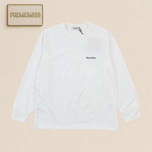 Miumiu Solid Color Round Neck Small Logo Embroidered Long Sleeves