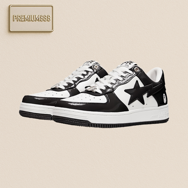 Bape BA PE ST A LO W Trendy Black And White Patent Leather Fashion Sneakers