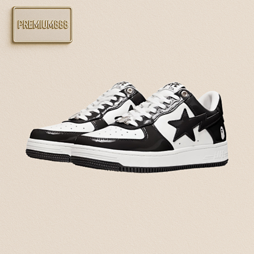 Bape BA PE ST A LO W Trendy Black And White Patent Leather Fashion Sneakers
