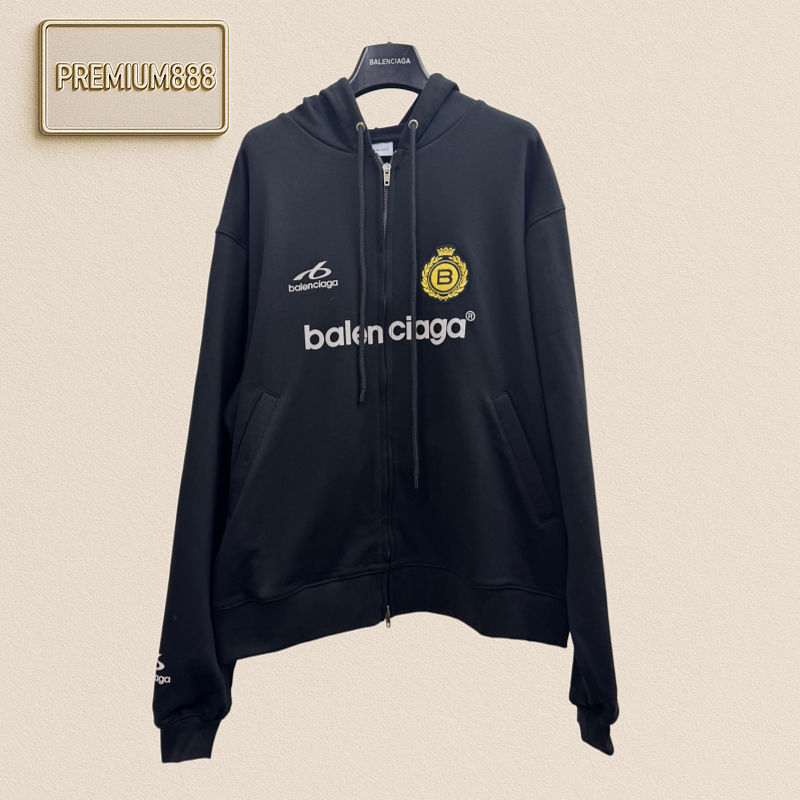 Balenciaga Lettered Crown Embroidery Reflective Hooded Zip-Up Coat