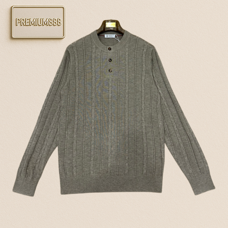 BC Brunello Henry Collar Plain Patterned Casual Long-sleeved Knitted Shirt