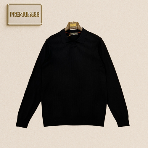 Loro Piana Norio Piani Vertical Ribbed V-neck Polo Knit Shirt