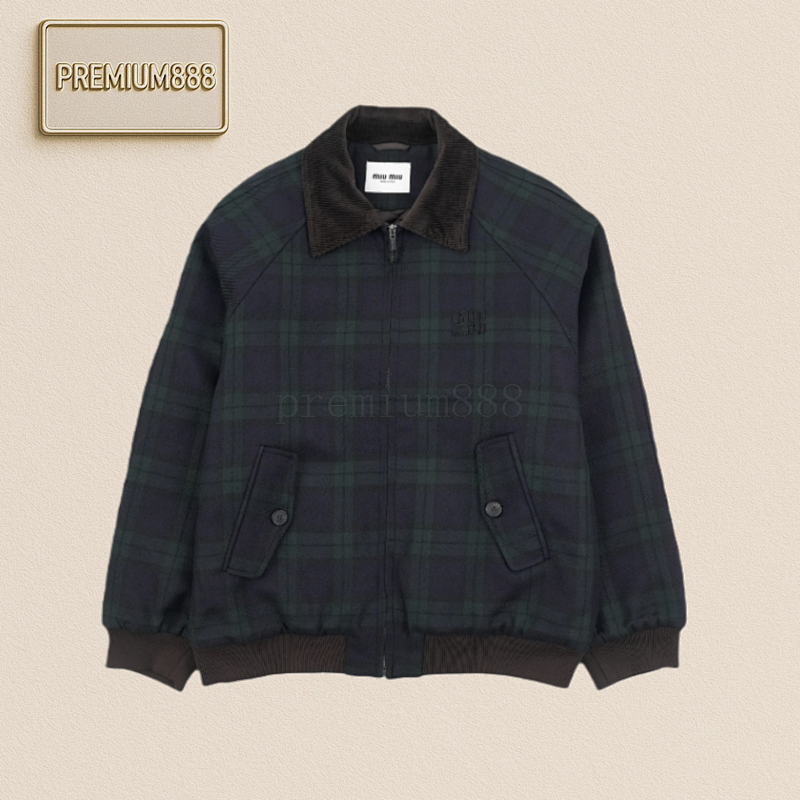 Miu 25Fw Miu Small Label Dark Green Checkered Cotton Jacket