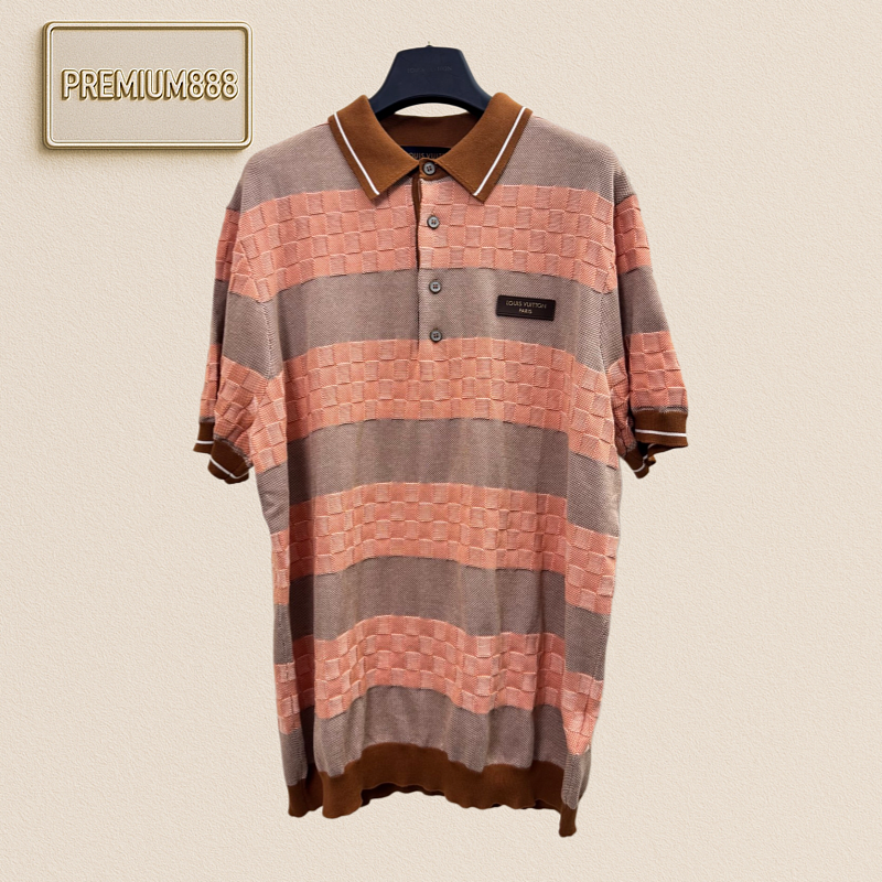 1v Louis Checkered Leather Striped Knit Polo Shirt Short Sleeve