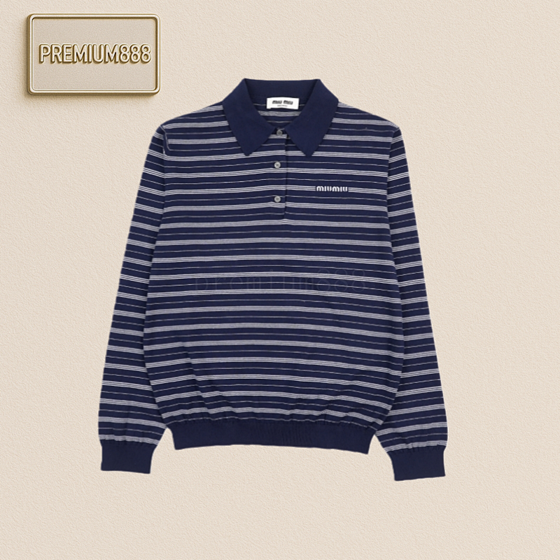 Miumiu Logo Letter Inlaid Striped Long-sleeved Polo Shirt