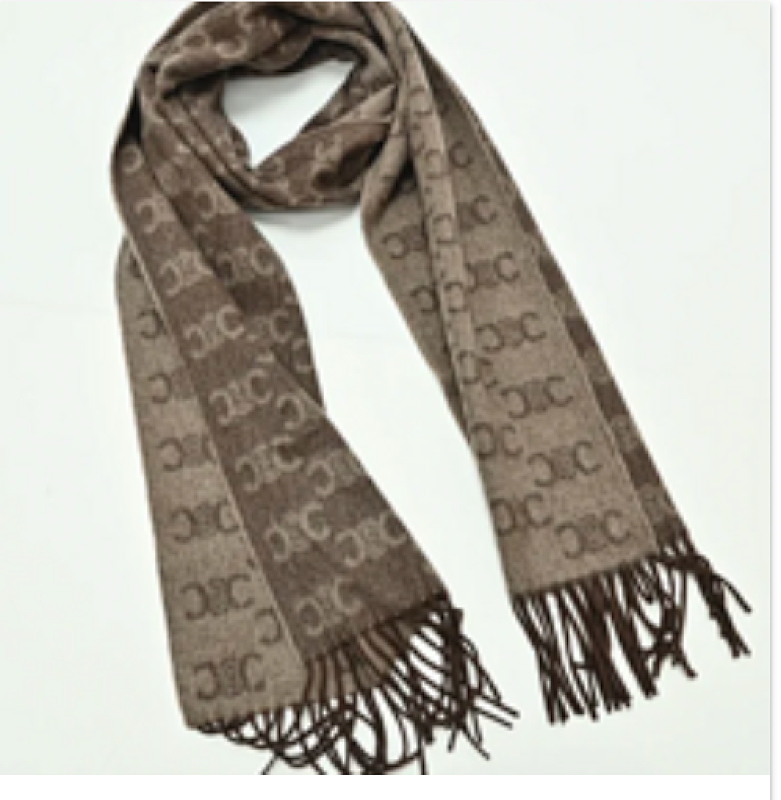 Celine CE Monogram Tassel Wool Scarf Taupe