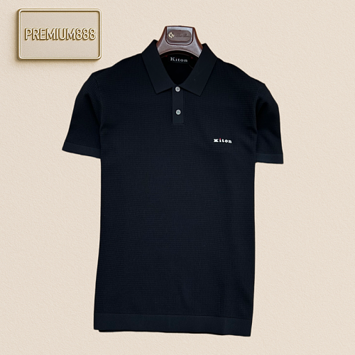 Kiton Waffle Texture Lettered Collar Polo Short Sleeve Shirt