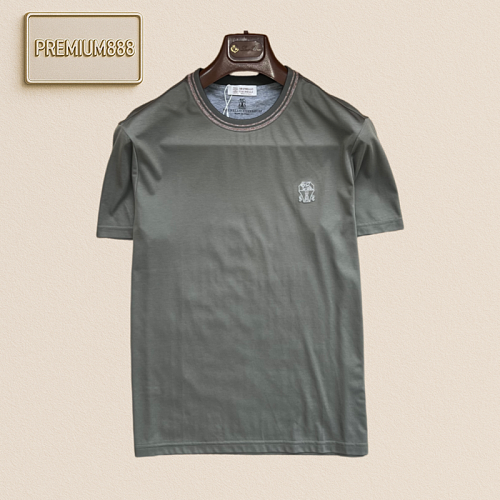 BC Brunello Classic Contrasting Color Sleeve Embroidery Round Neck Short-Sleeve T-shirt