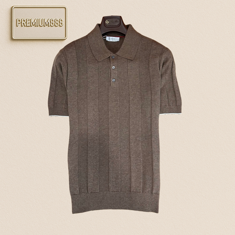 Brunello Cucinelli Classic Vertical Holescrewed Knit Short Sleeve Polo Shirt