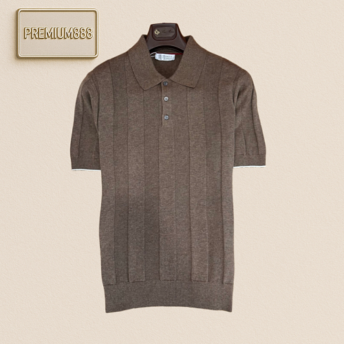 Brunello Cucinelli Classic Vertical Holescrewed Knit Short Sleeve Polo Shirt