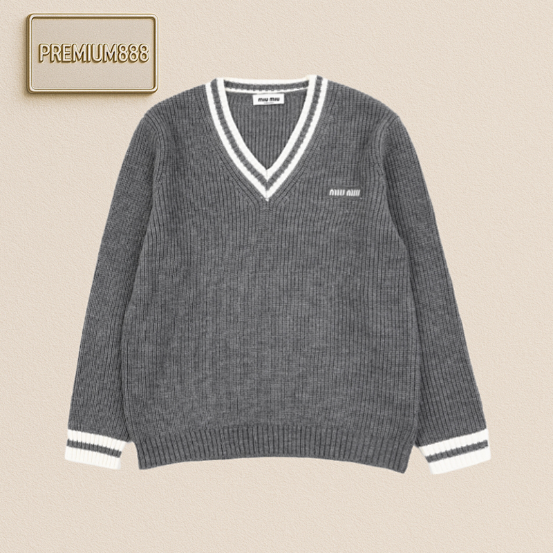 Miu 25Fw Miu Small Label Gray And White V-neck Sweater