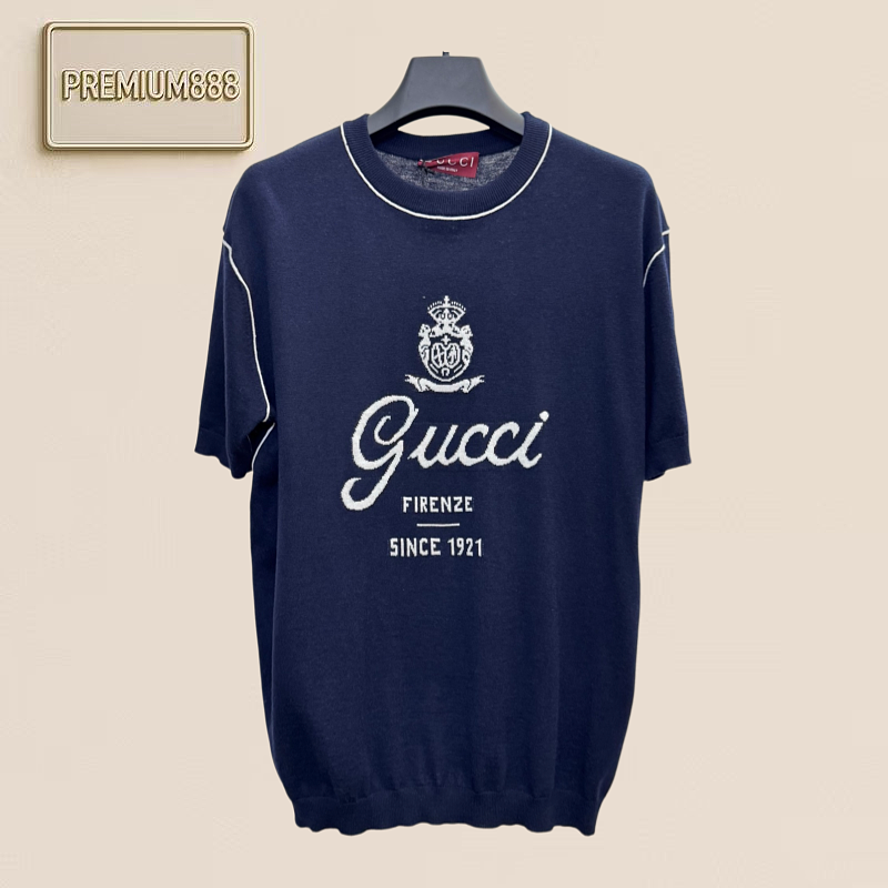 Gucci Summer New Collection - Letter Patterned Stripes Embroidered Knit Short Sleeve Shirt