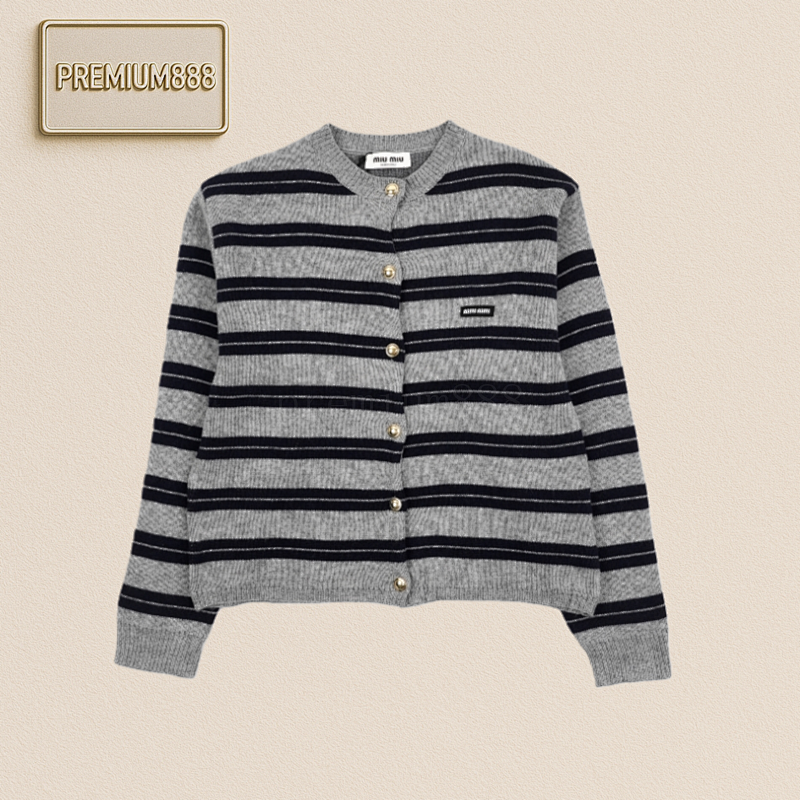 Miu Cashmere Striped Cardigan In Grey