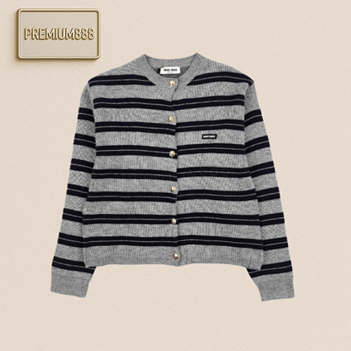 Miu Cashmere Striped Cardigan In Grey