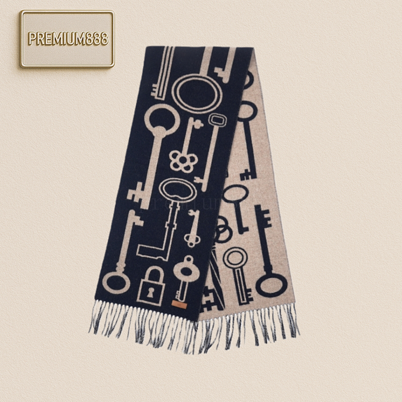 Hermès Clefa Leather Patch Pattern Plush Scarf Deep Blue