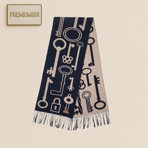 Hermès Clefa Leather Patch Pattern Plush Scarf Deep Blue